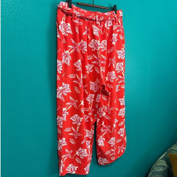 Maison d'Amelie Linen Blend Red Floral Beaded Sash Wide Leg Pant Women's Large - Picture 7 of 10